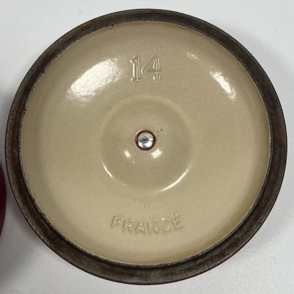 LE CREUSET Saucepan #14 Wooden Handle Lid Enameled Cast Iron Red France CLEAN